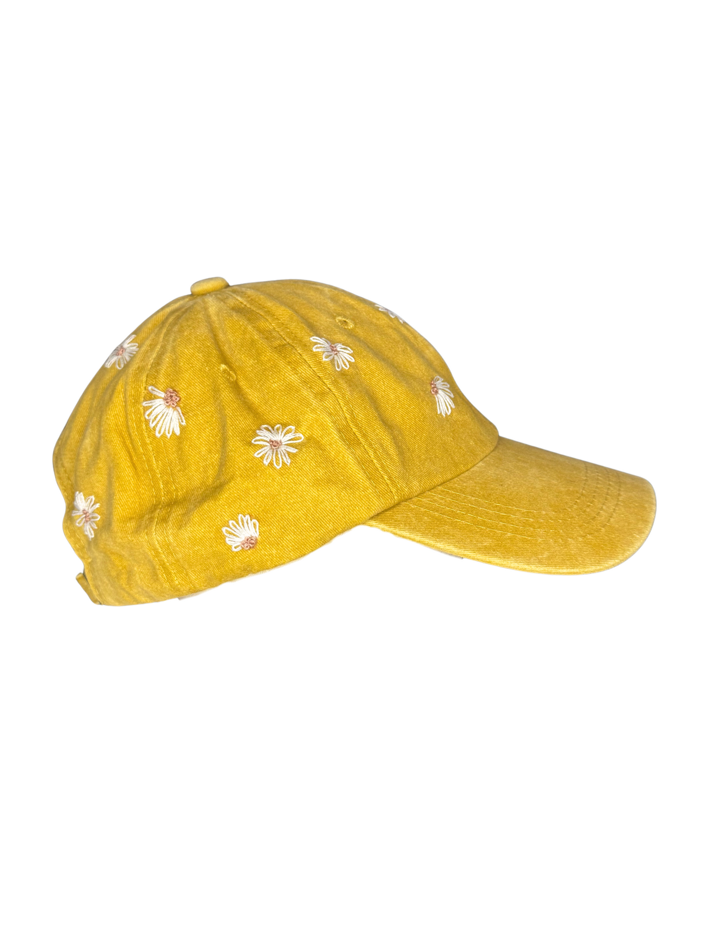 Hand‑Embroidered Daisy Cap – Mustard Vintage Cotton Adjustable Hat