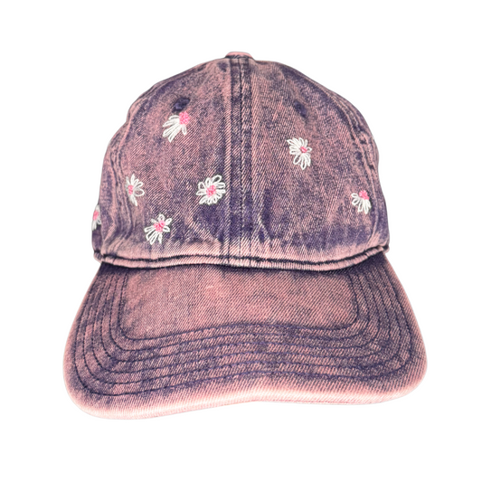Pink stone-wash hand embroidered daisy cap on white background