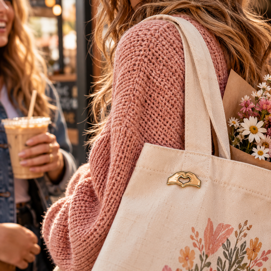 Heart Hands enamel pin on canvas tote warm coffee shop lifestyle image
