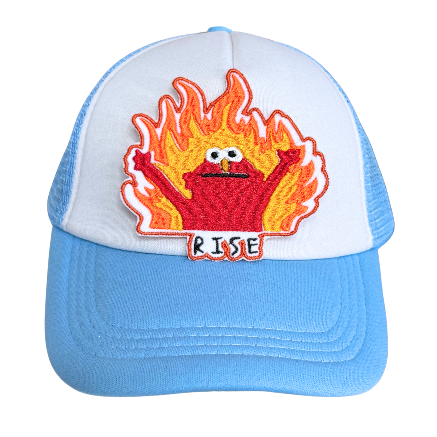 Light blue and white trucker hat with an embroidered "Hellmo RISE" patch attached.