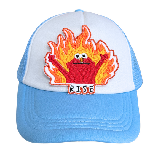 Light blue and white trucker hat with an embroidered "Hellmo RISE" patch attached.