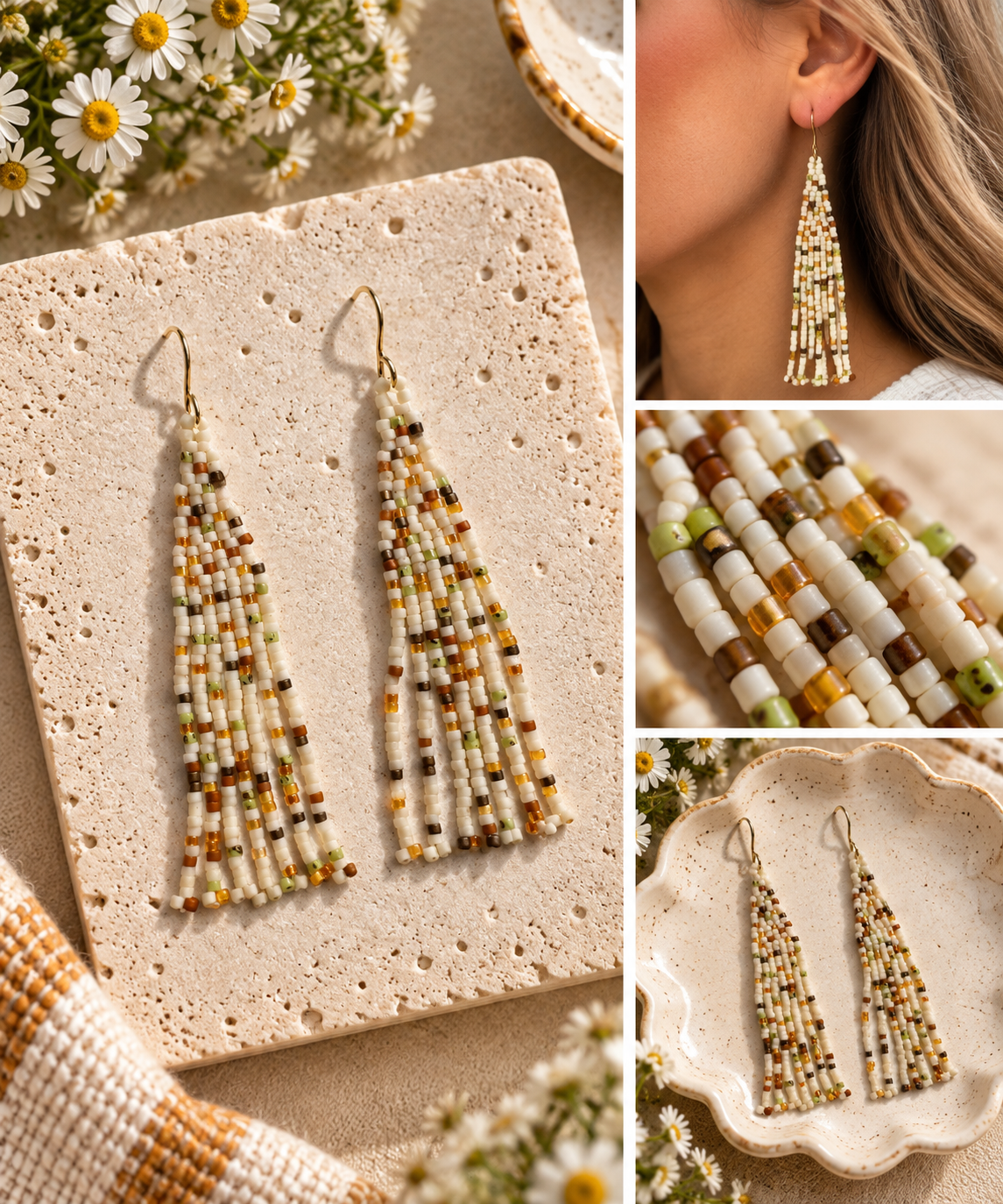 Ivory, olive, brown and gold hand-beaded tassel earrings by Milkweed Baby