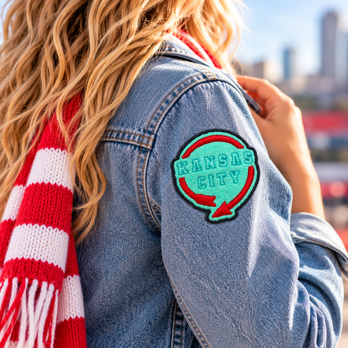 Kansas City Western Auto glitter embroidered patch styled on a denim jacket
