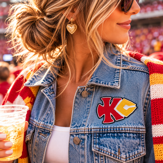 KC Arrowhead Iron-On Patch styled on denim jacket at game day