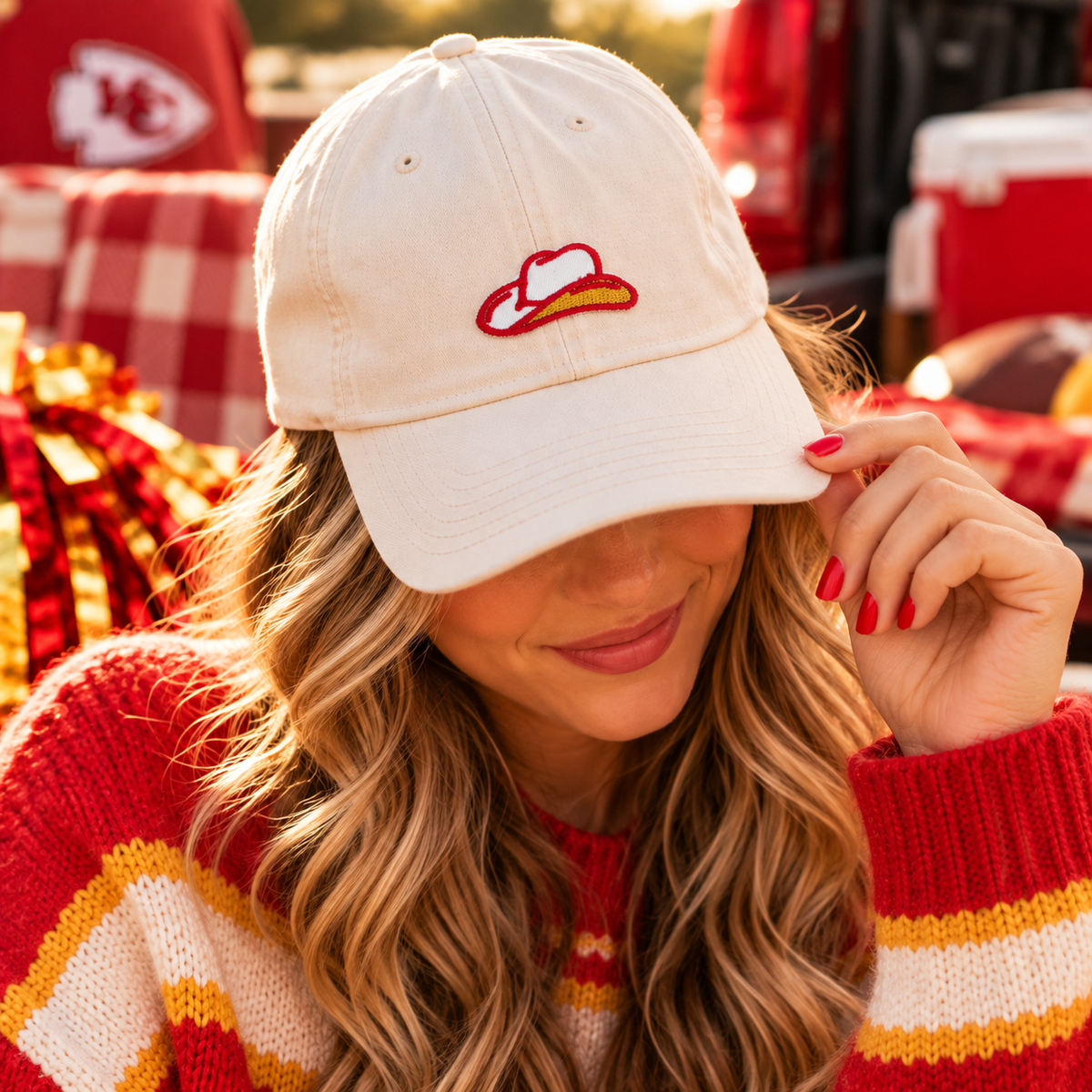KC Chiefs colors cowboy hat iron-on patch styled on a cap