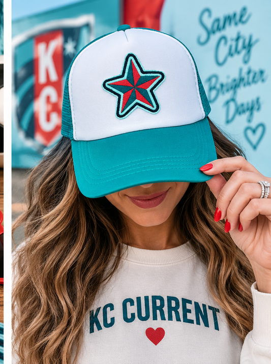 Model wearing KC Current star teal and white trucker hat