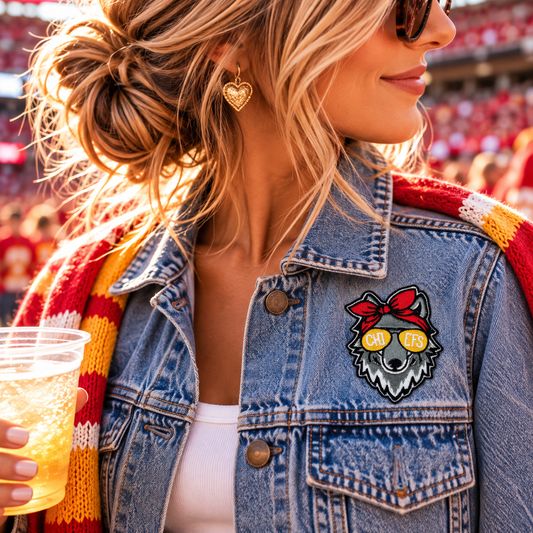 KC Wolf Bandana and Glasses Iron-On Patch styled on denim jacket at game day