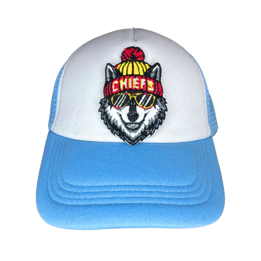 Embroidered baby wolf football patch on a light blue and white trucker hat