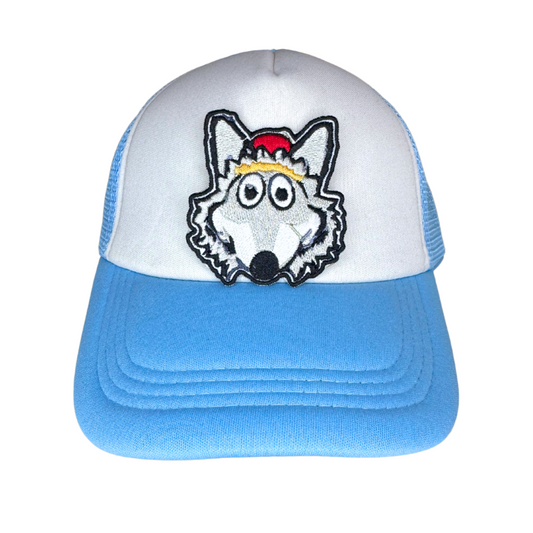 Embroidered KC Wolf patch shown on white and blue trucker hat