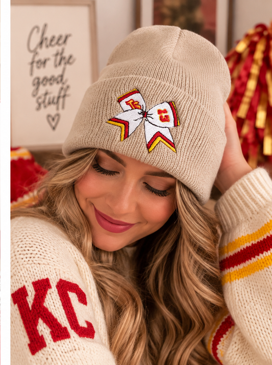 Khaki embroidered cheer bow beanie lifestyle photo