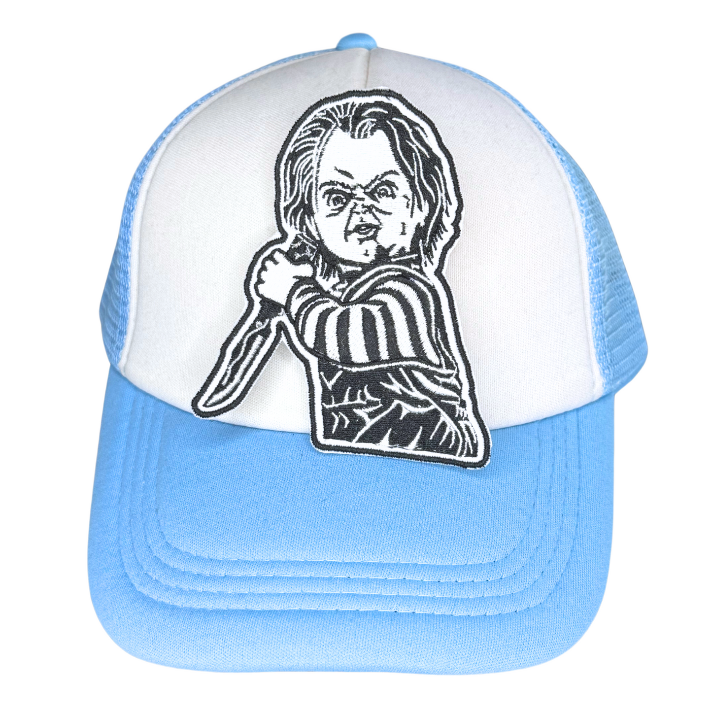 Light blue and white foam trucker hat featuring killer doll embroidered patch