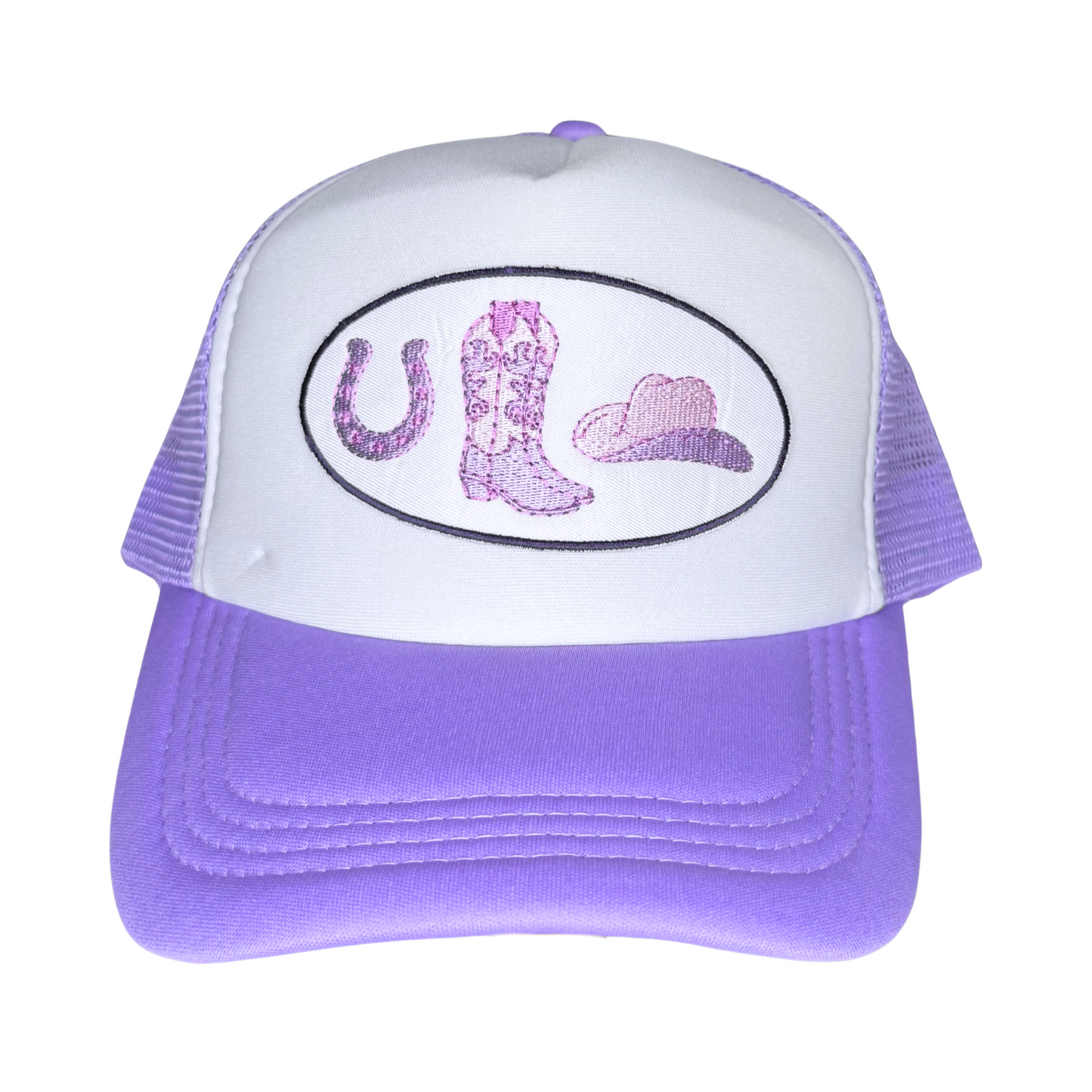 White and purple trucker hat with pink cowgirl boots design on a white background