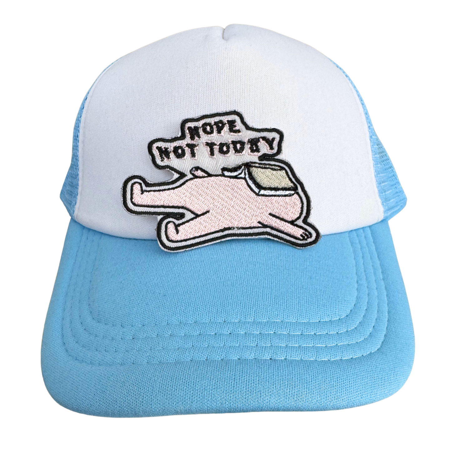 Blue and white trucker hat featuring the "Nope, Not Today" sloth patch, perfect for relaxed and humorous vibes.