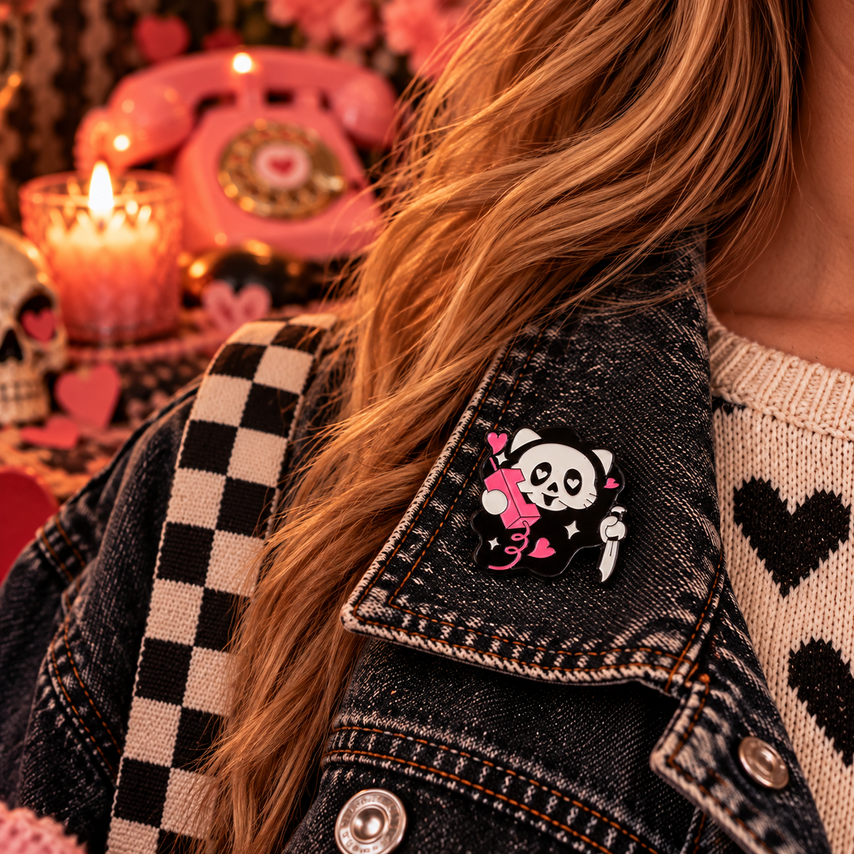 Creepy cute cat enamel pin lifestyle photo