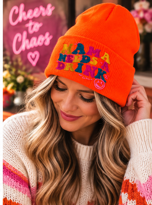 Mama Needs a Drink embroidered neon orange beanie lifestyle photo