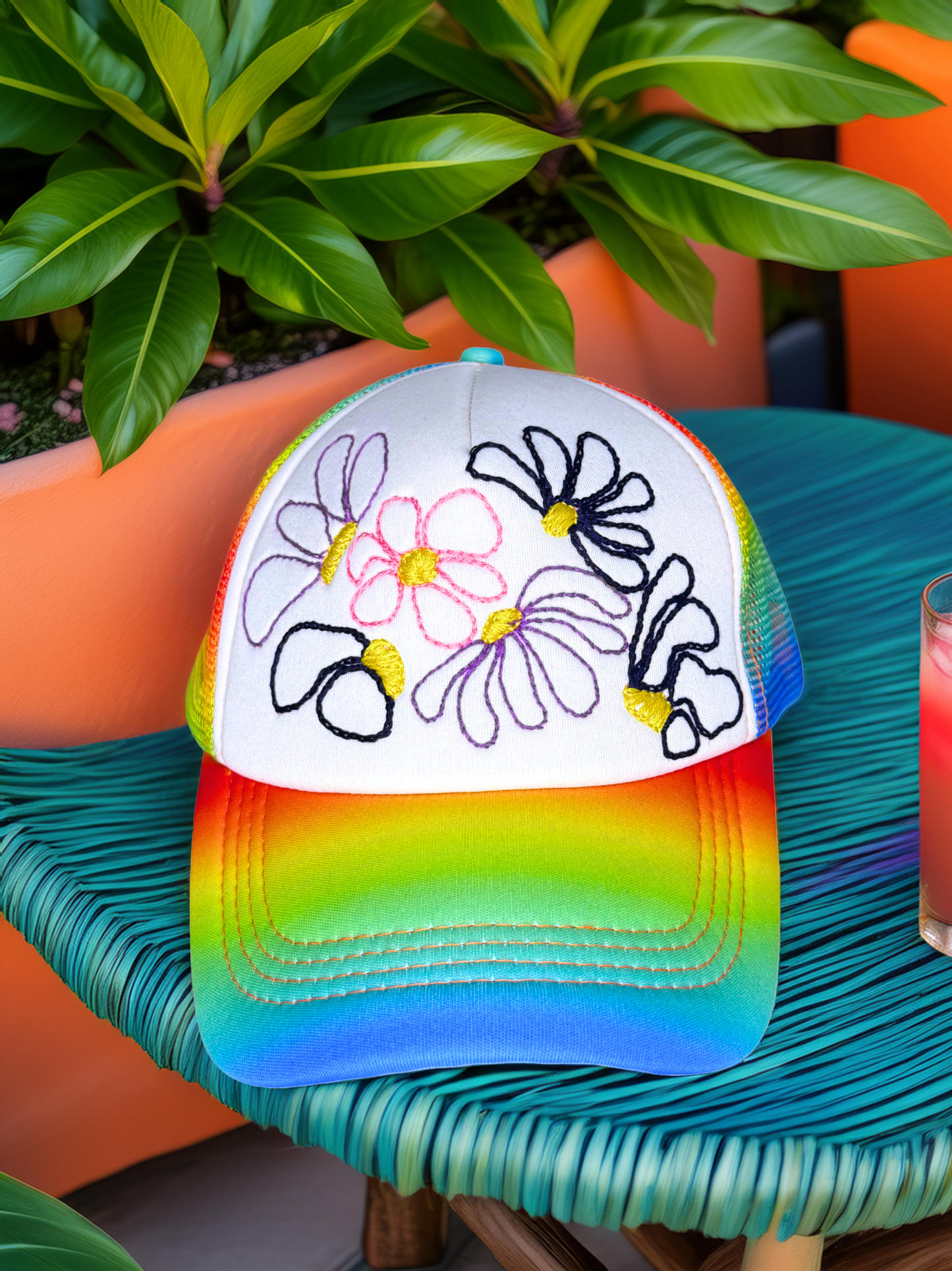 Colorful cap with floral designs on a green chair outdoors