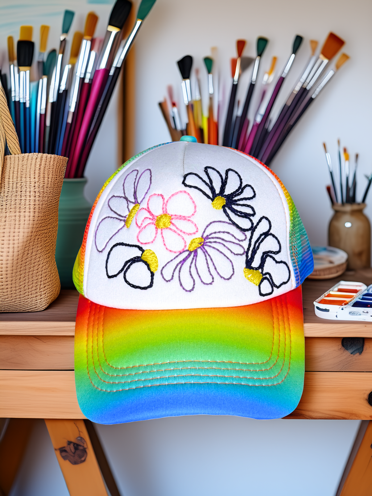 Colorful cap with floral designs on a table with art supplies