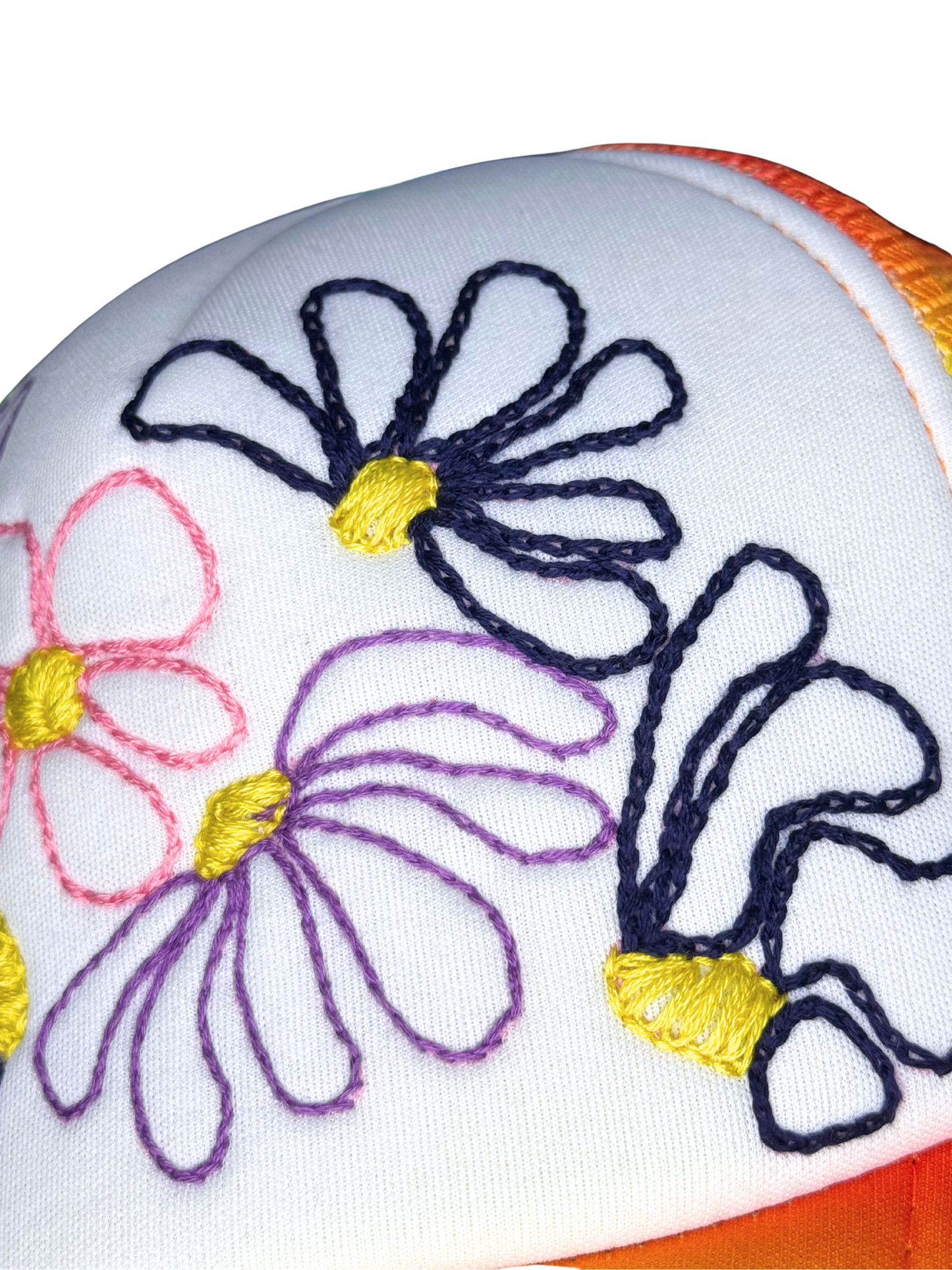 Embroidered flowers on a white fabric with colorful edges.