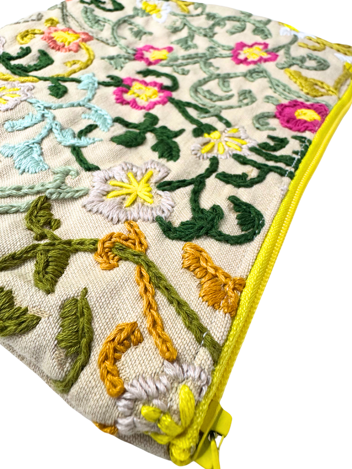 Close-up of embroidery and yellow zipper details