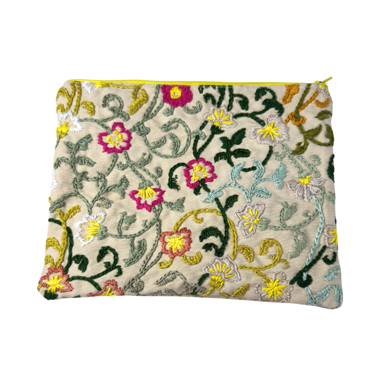 Reverse side of clutch with colorful hand-embroidered floral design