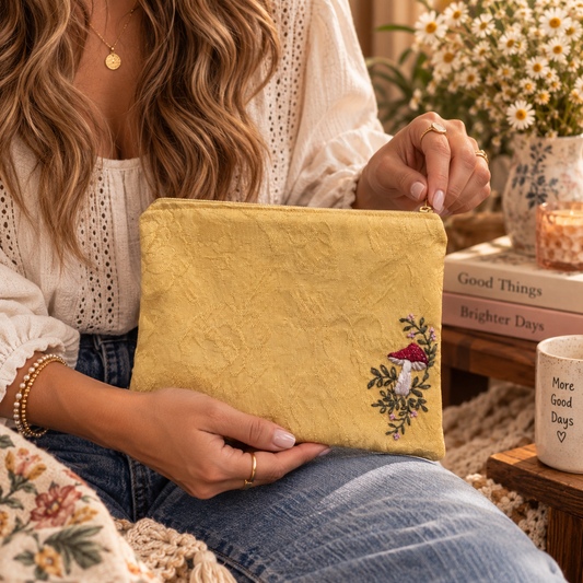 Hand-embroidered mushroom zipper clutch held at realistic scale