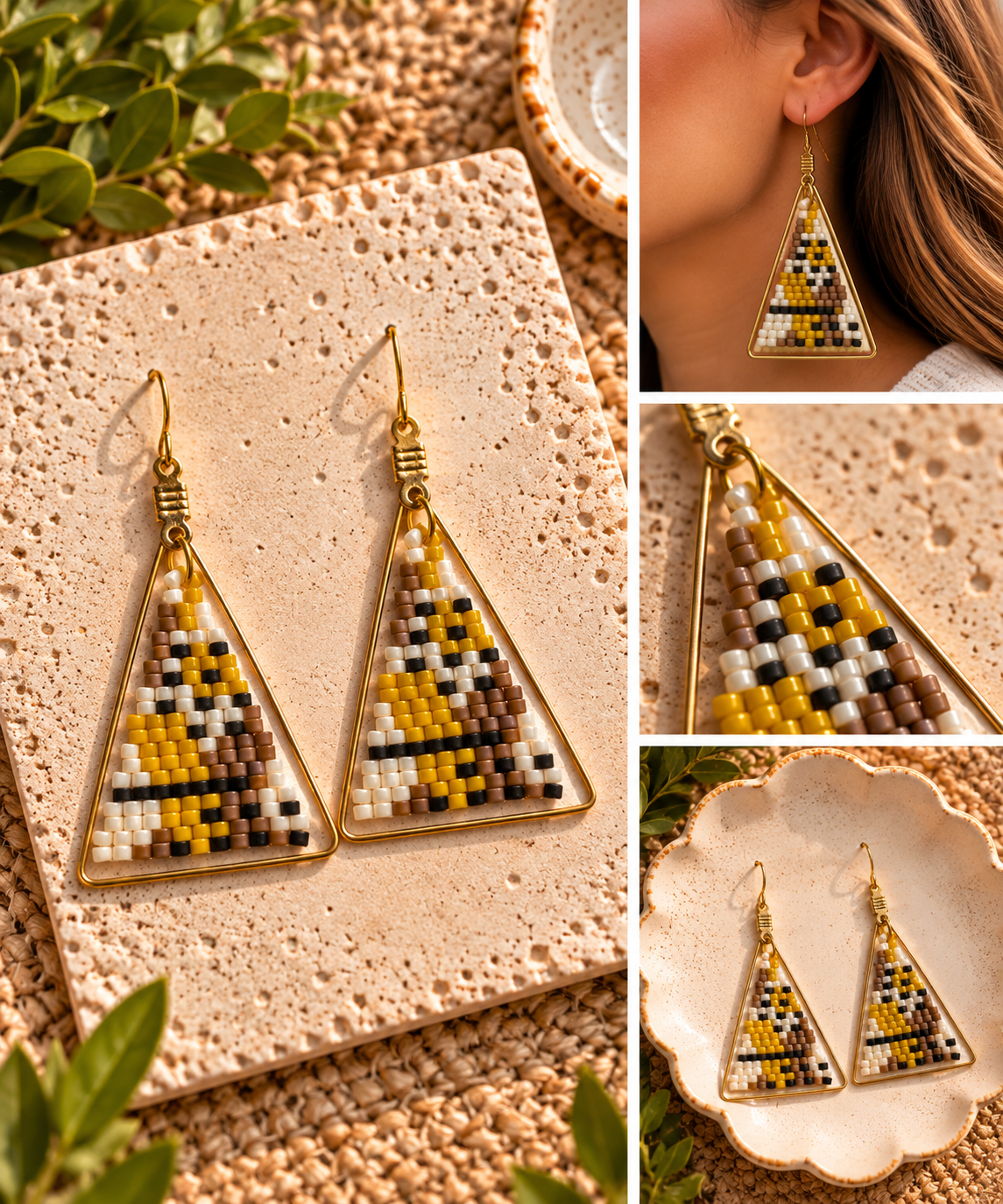 Hand-beaded triangle earrings in mustard, ivory, taupe and black with gold-tone frames
