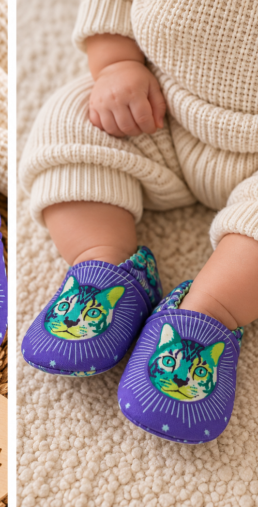 Baby wearing purple mystical cat handmade soft sole shoes