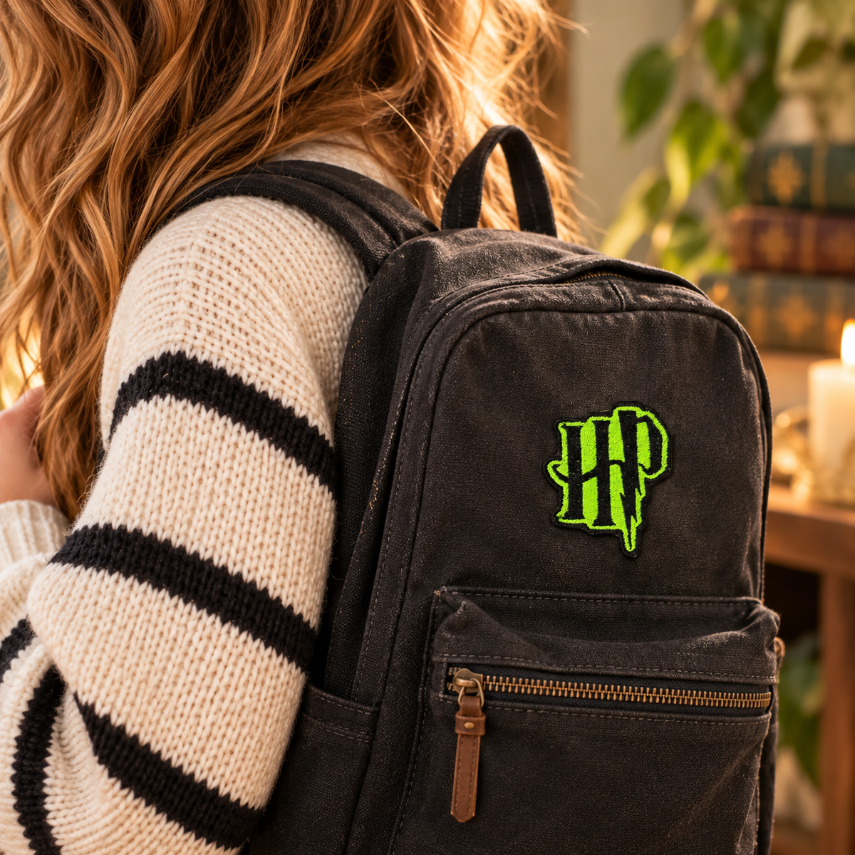 Neon green and black embroidered HP patch worn on a black canvas backpack