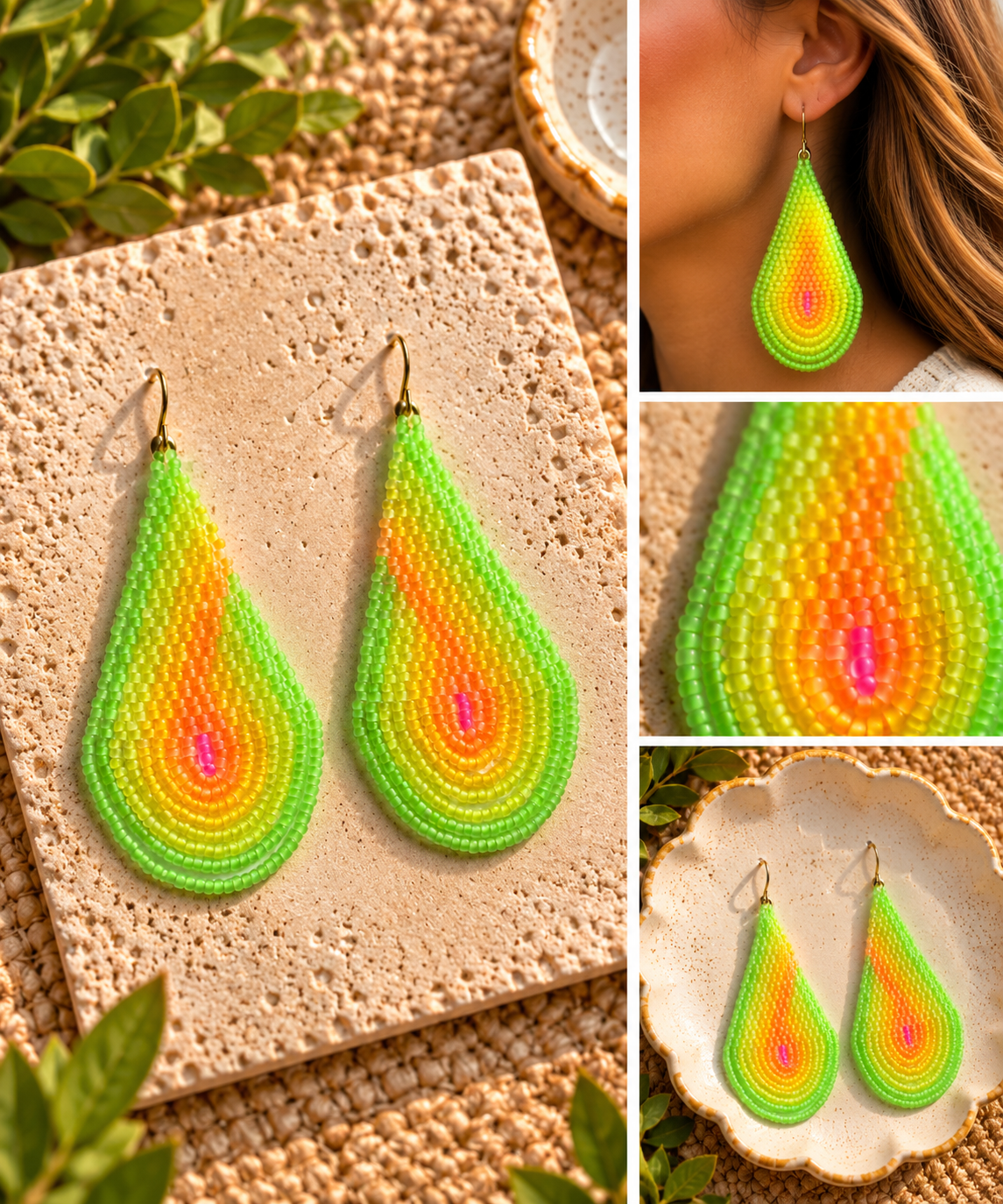 Neon lime, yellow, orange and pink hand-beaded teardrop statement earrings