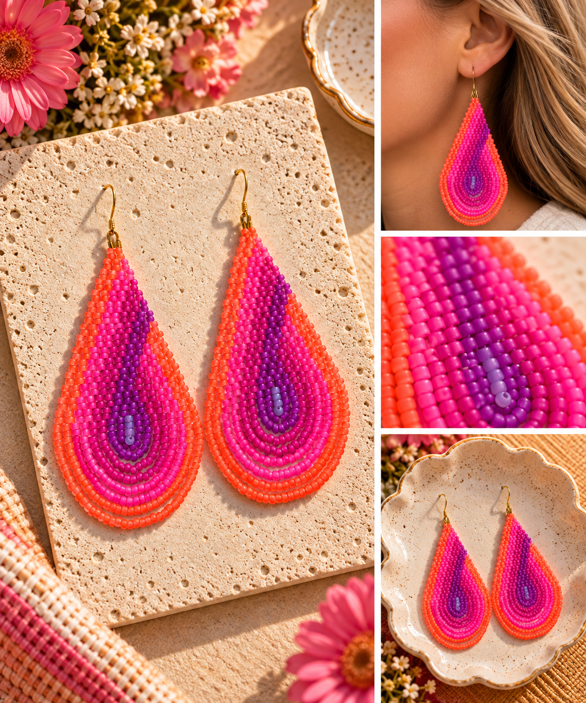 Neon pink orange and purple hand-beaded teardrop statement earrings