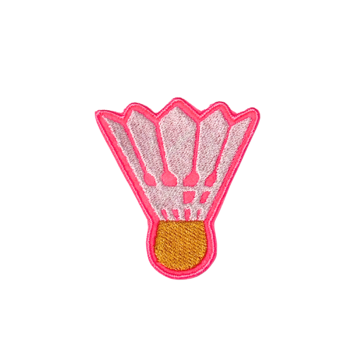 Neon pink and white embroidered shuttlecock patch with golden base on white background