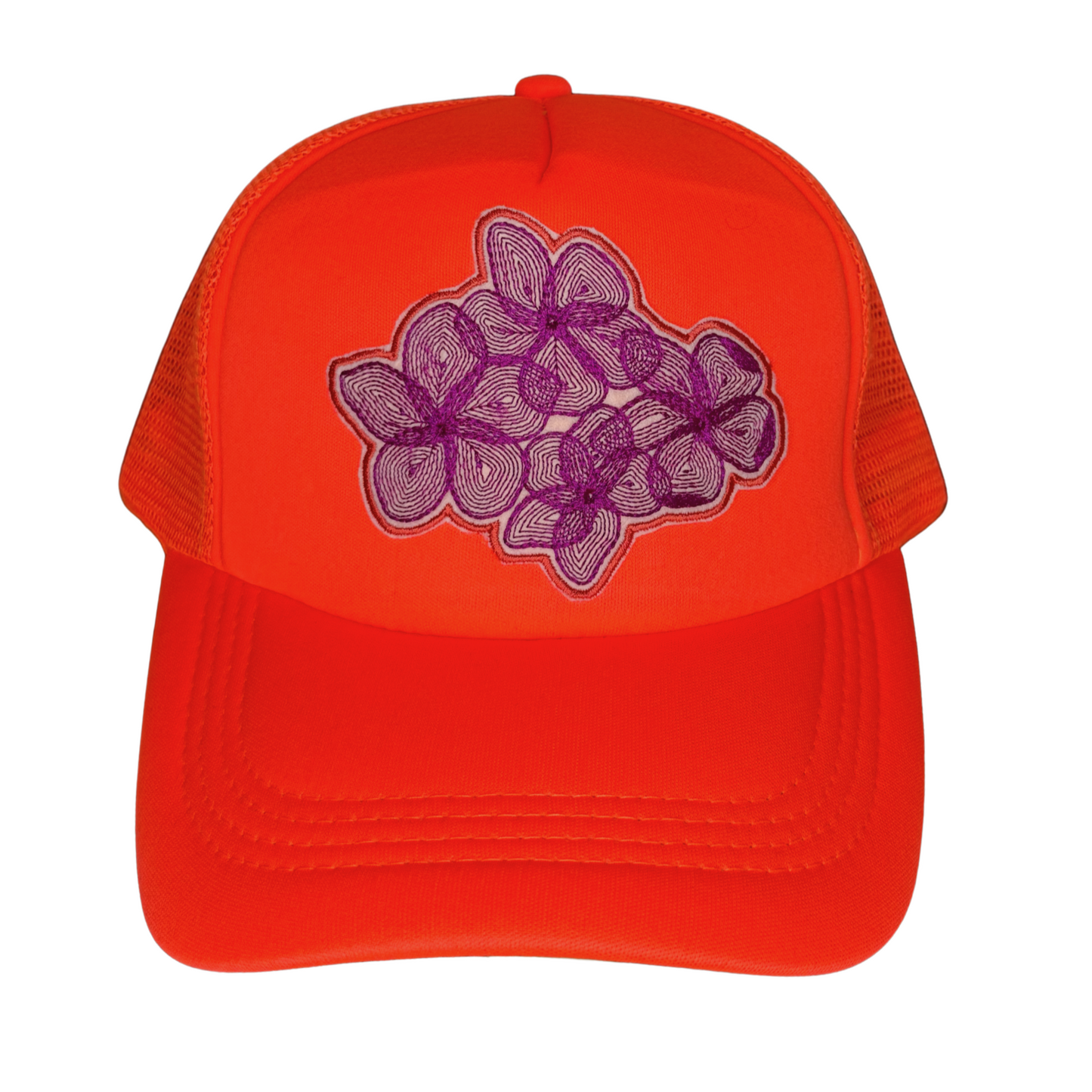 Orange cap with purple floral design on a white background