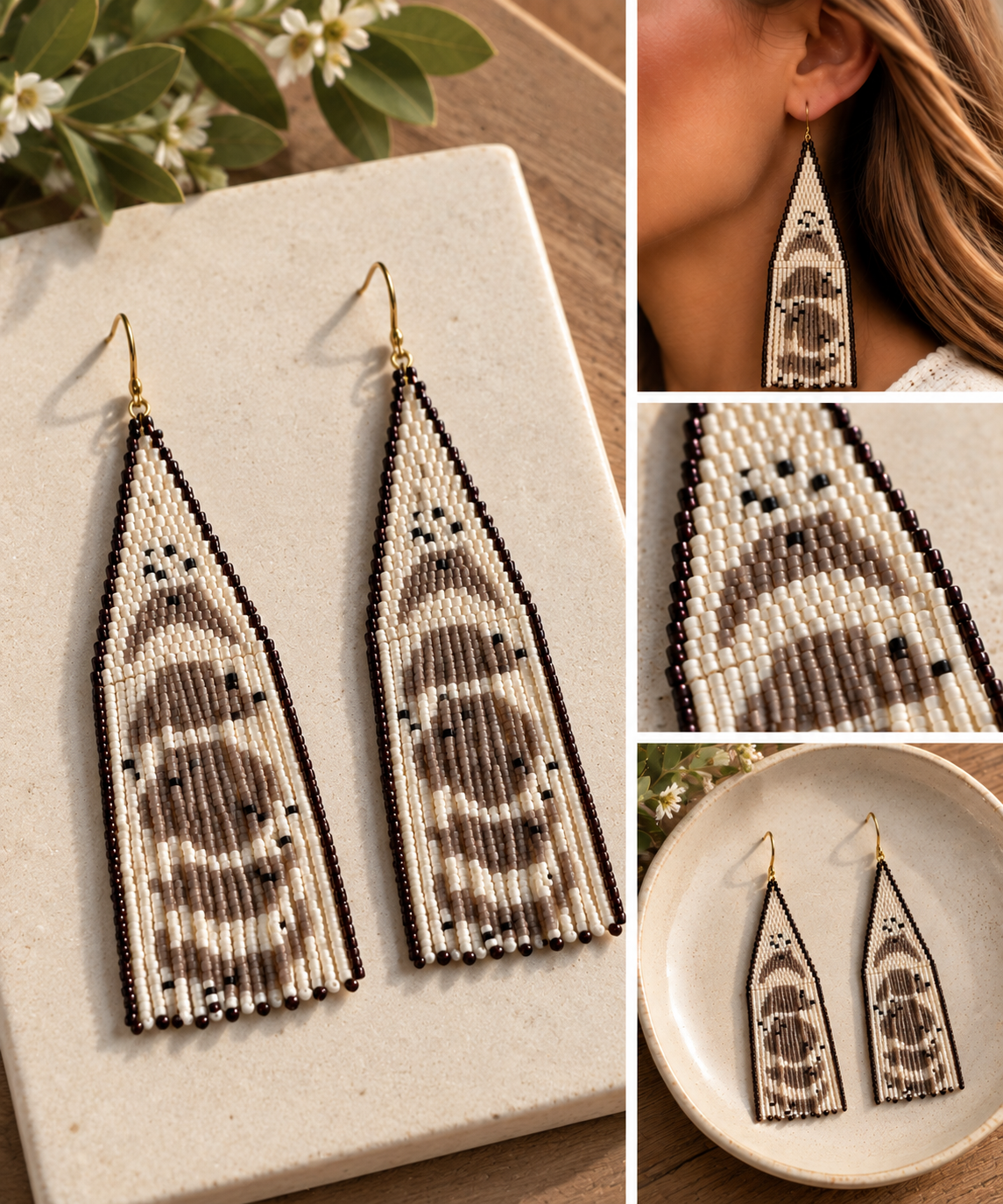 Neutral face extra-long hand-beaded fringe earrings styled product photography