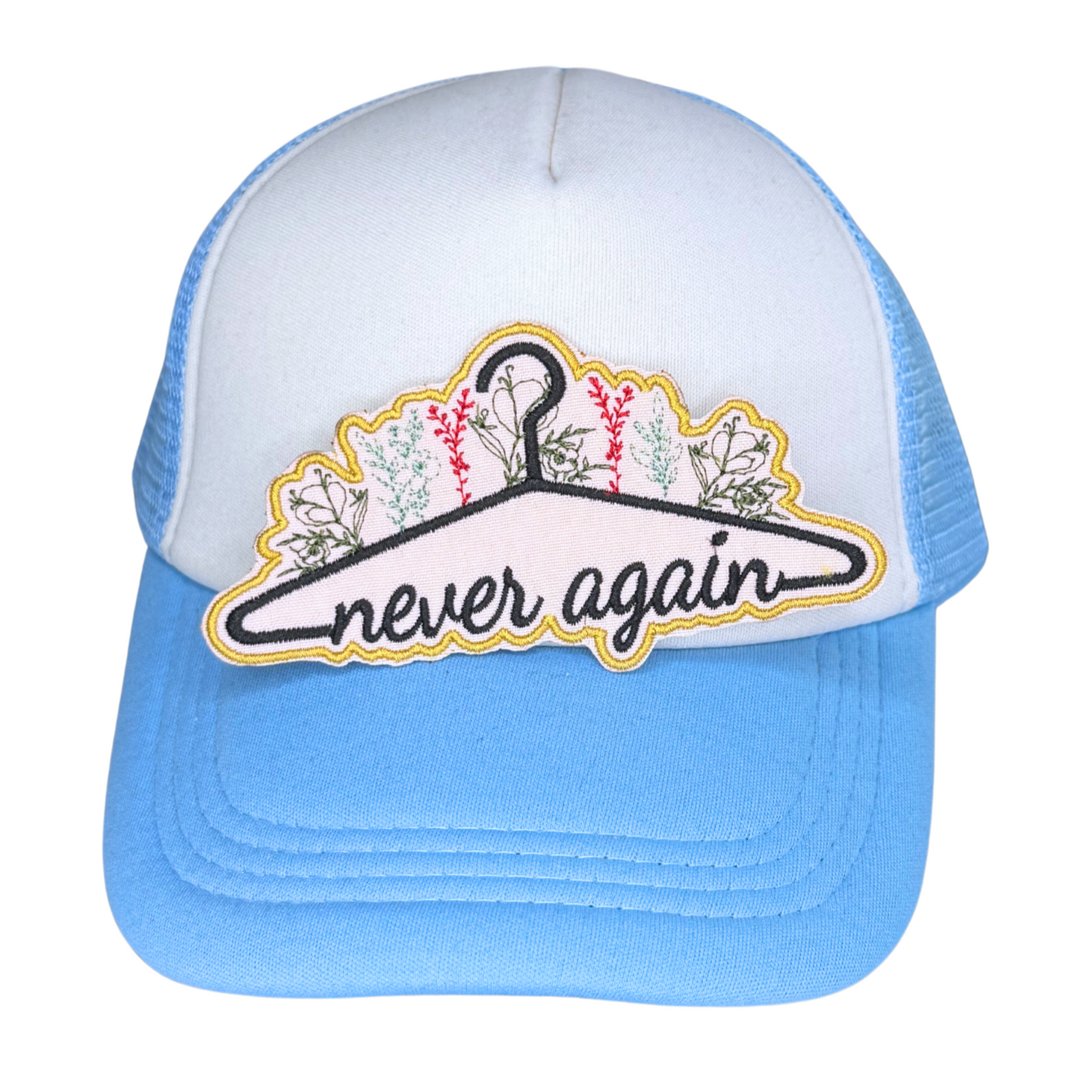 "Never Again" patch attached to blue and white trucker hat