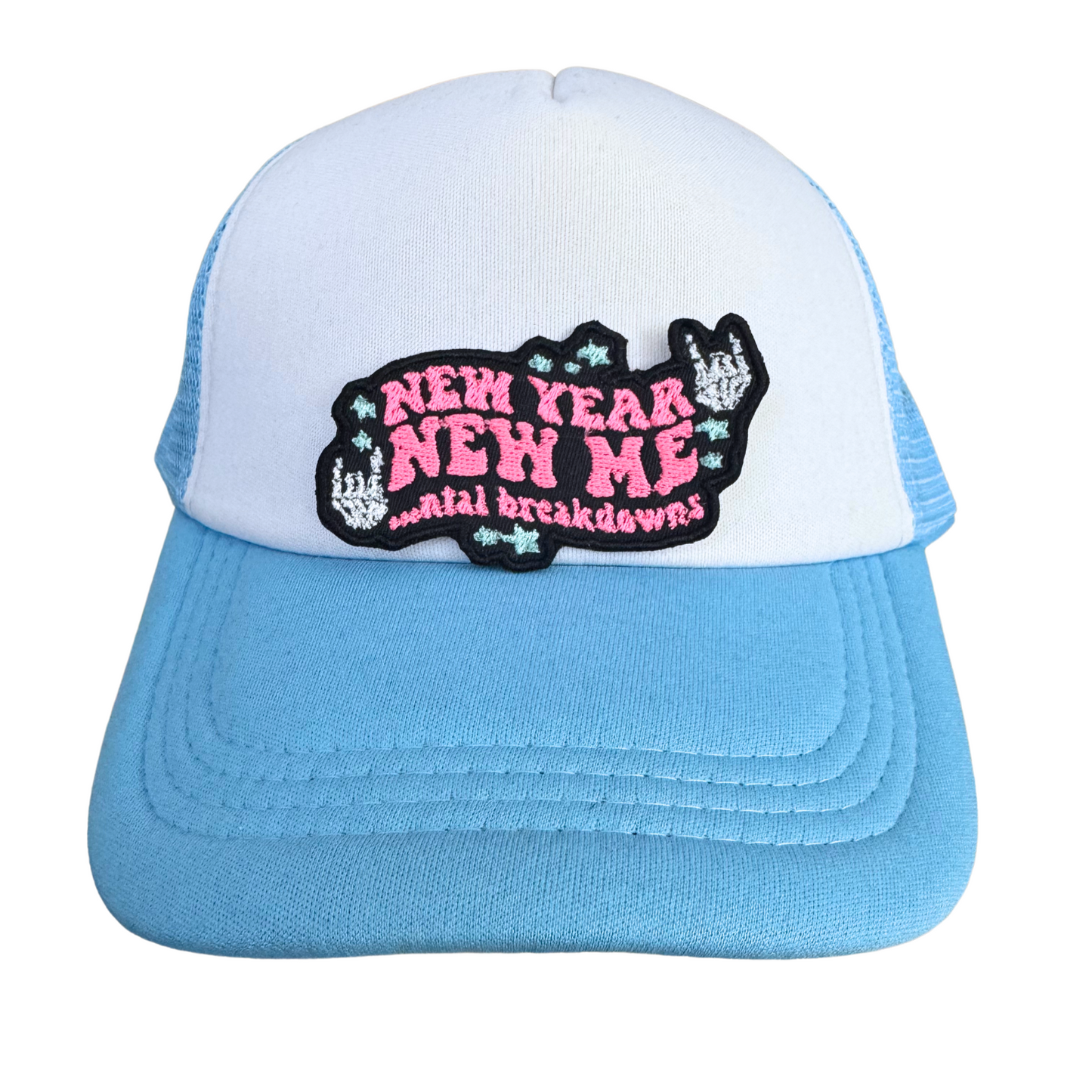 Blue and white trucker hat featuring the "New Year, New Me...ntal Breakdowns" embroidered patch, handmade and quirky.