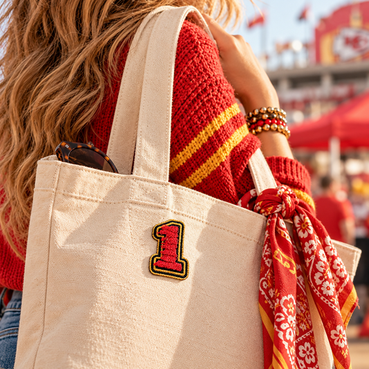 Small red textured number 1 patch with gold glitter and black border attached to a cream tote at a Kansas City-inspired game-day gathering
