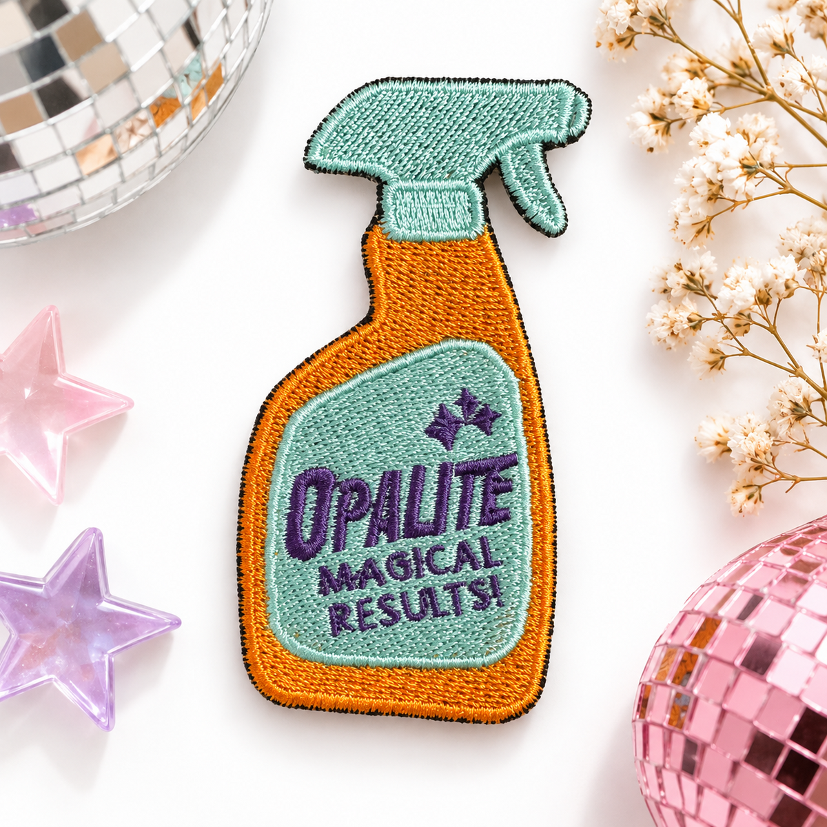 Opalite Magical Results embroidered spray bottle patch