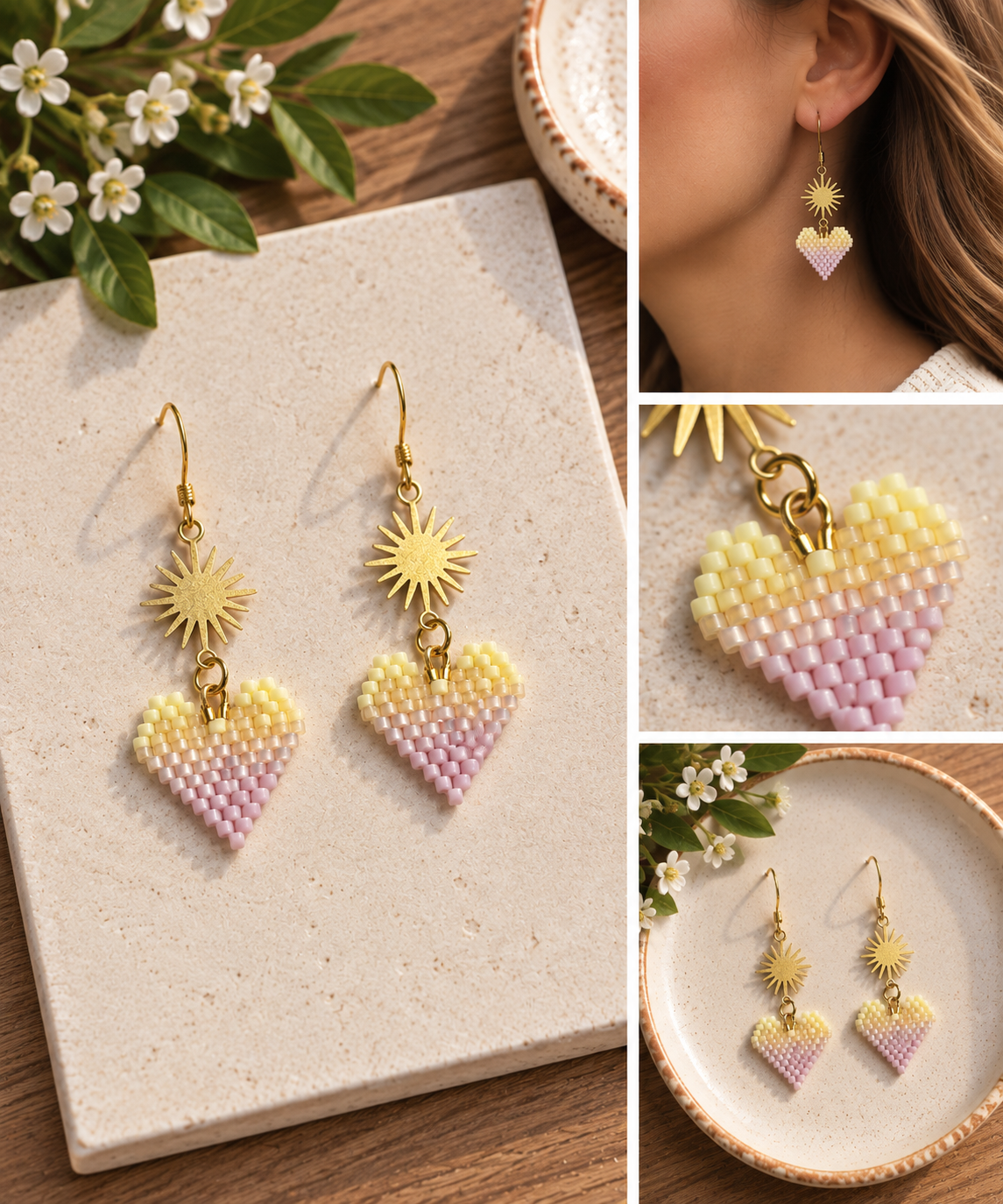 Pastel yellow pink and lavender hand-beaded heart earrings with gold sunburst charms