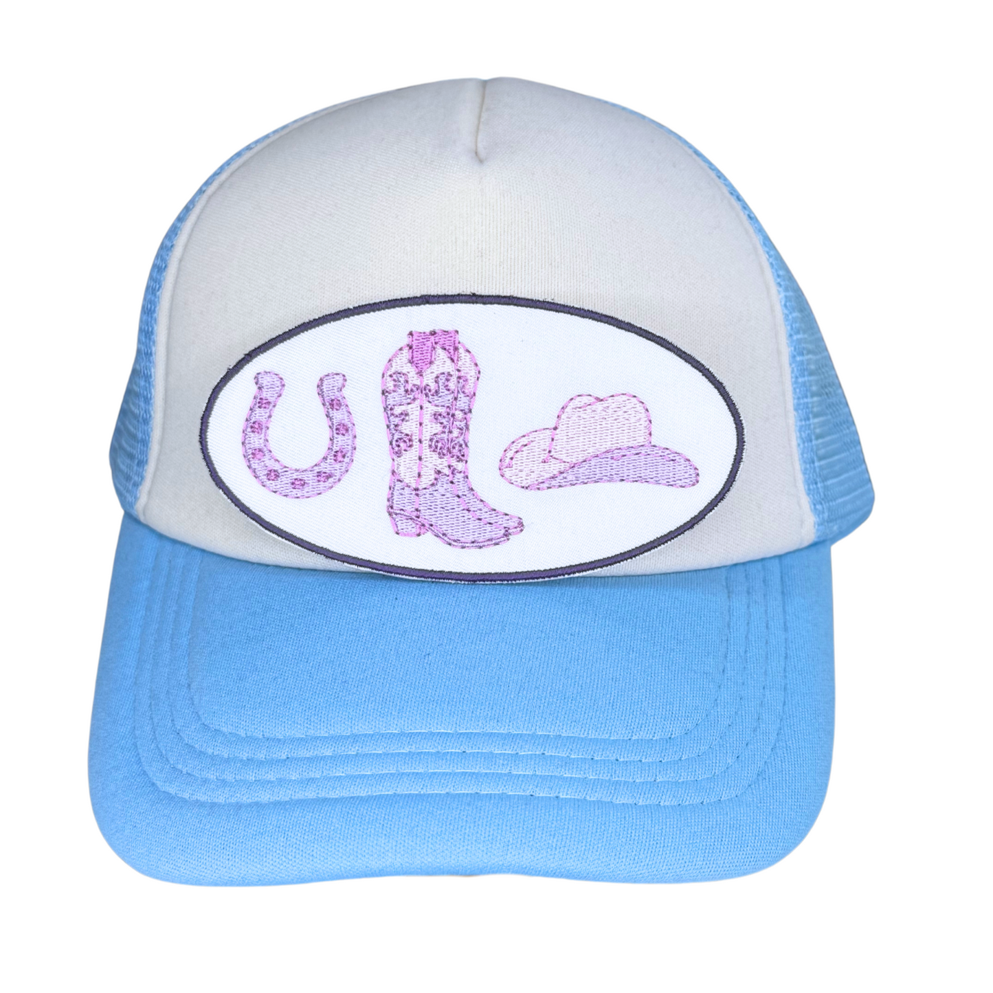 Pastel western patch ironed on blue and white trucker hat
