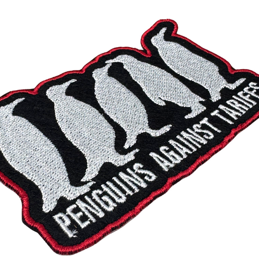 Close-up of stitching on Penguins Against Tariffs patch