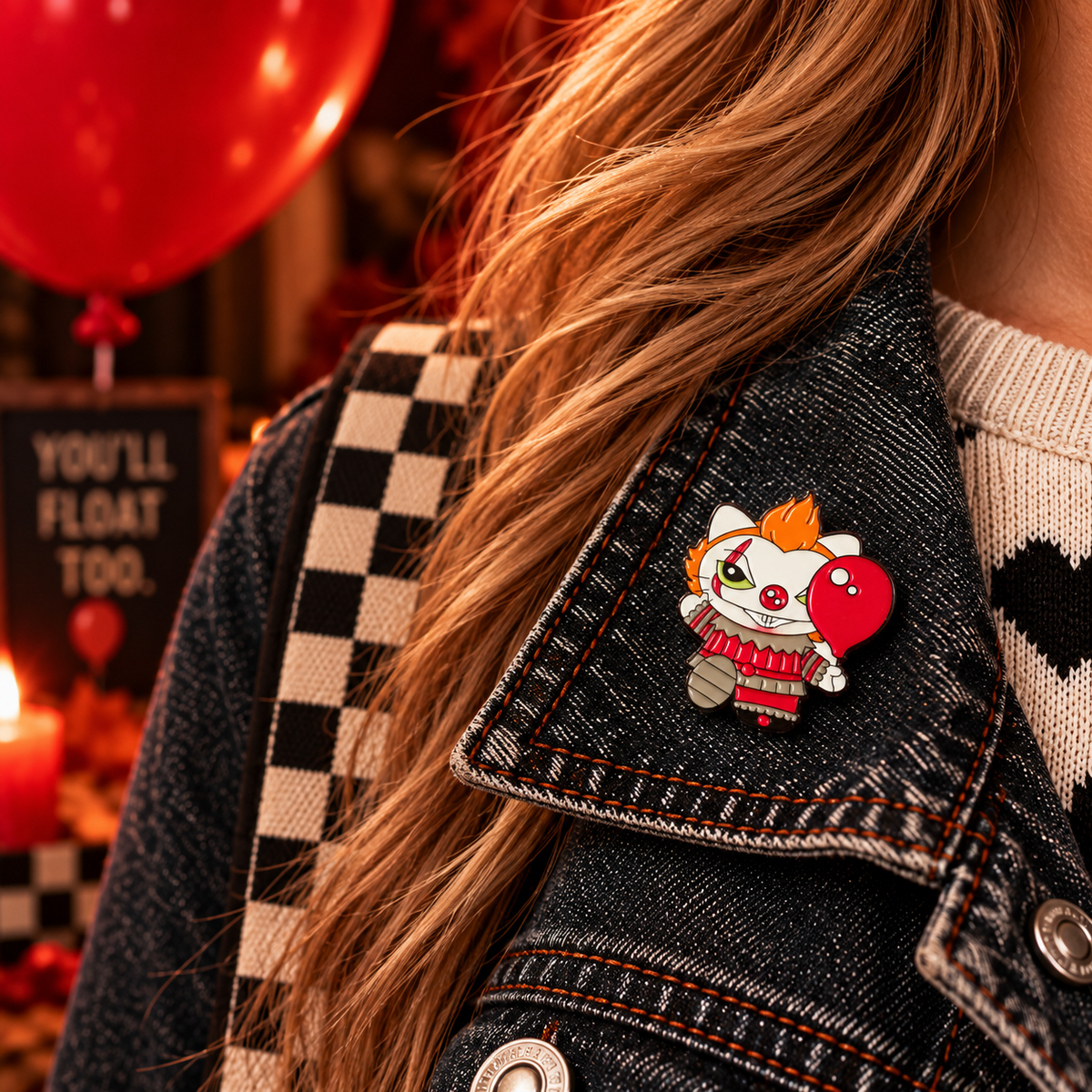 Creepy cute clown cat enamel pin lifestyle photo
