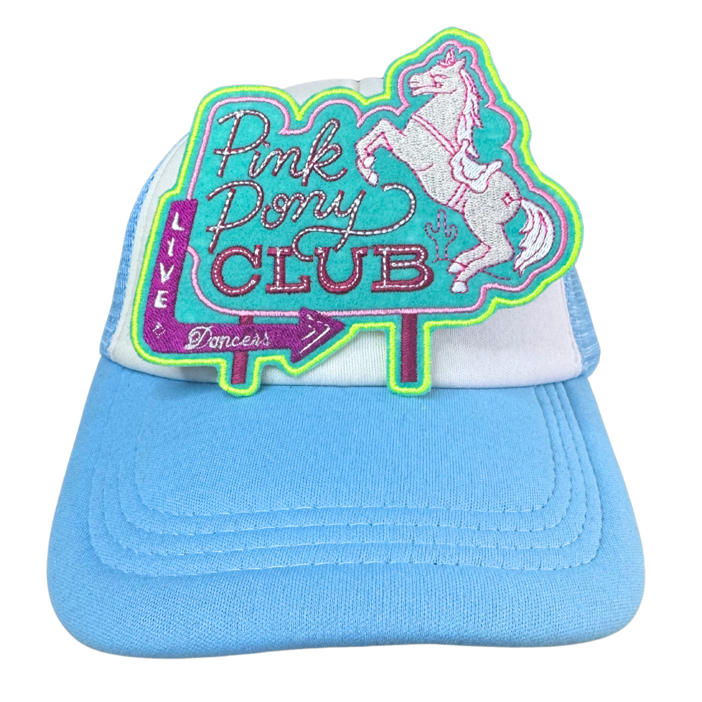 Light blue and white trucker hat with an embroidered Pink Pony Club patch attached.
