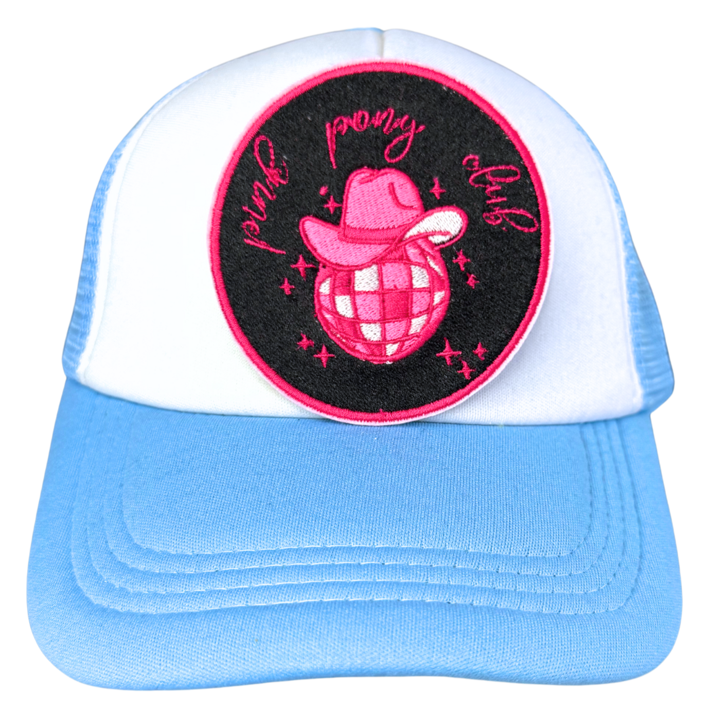 "Blue and white trucker hat featuring an embroidered Pink Pony Club patch with a pink disco ball cowboy hat design."