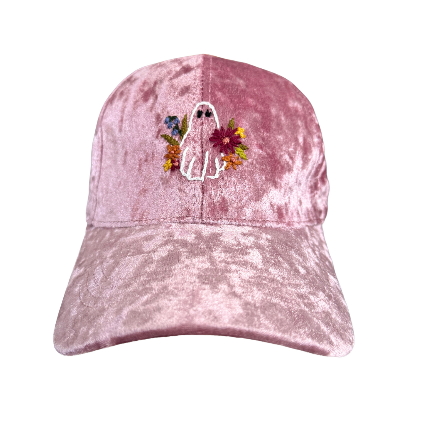 Pink velvet ghost hat with hand-embroidered floral design, made in Kansas City.