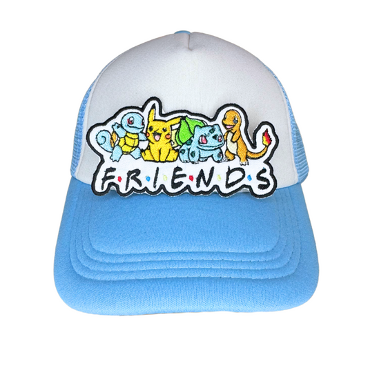 embroidered pokemon hat shown on a blue and white hat for scale