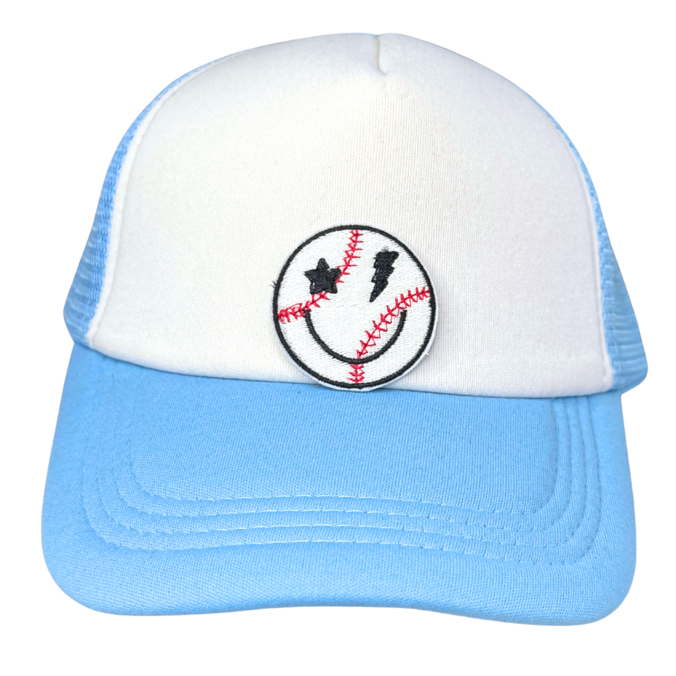 White and light blue trucker hat featuring a smiley baseball patch with red stitches, star and lightning bolt eyes