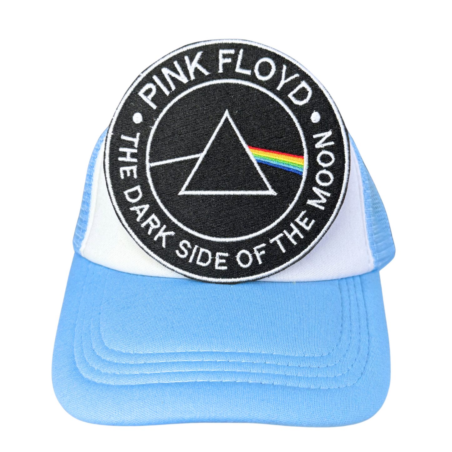 Trucker hat with an embroidered prism and rainbow spectrum patch