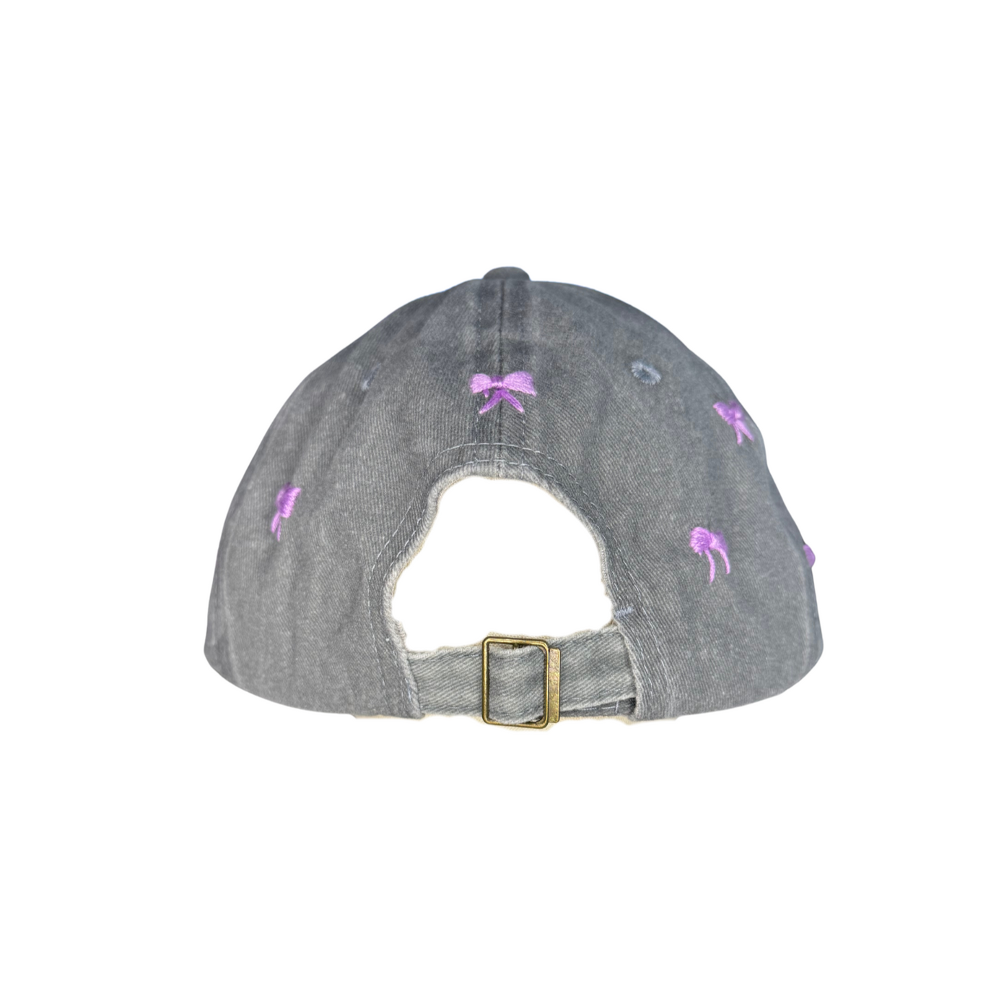 Gray cap with purple bow designs on a white background