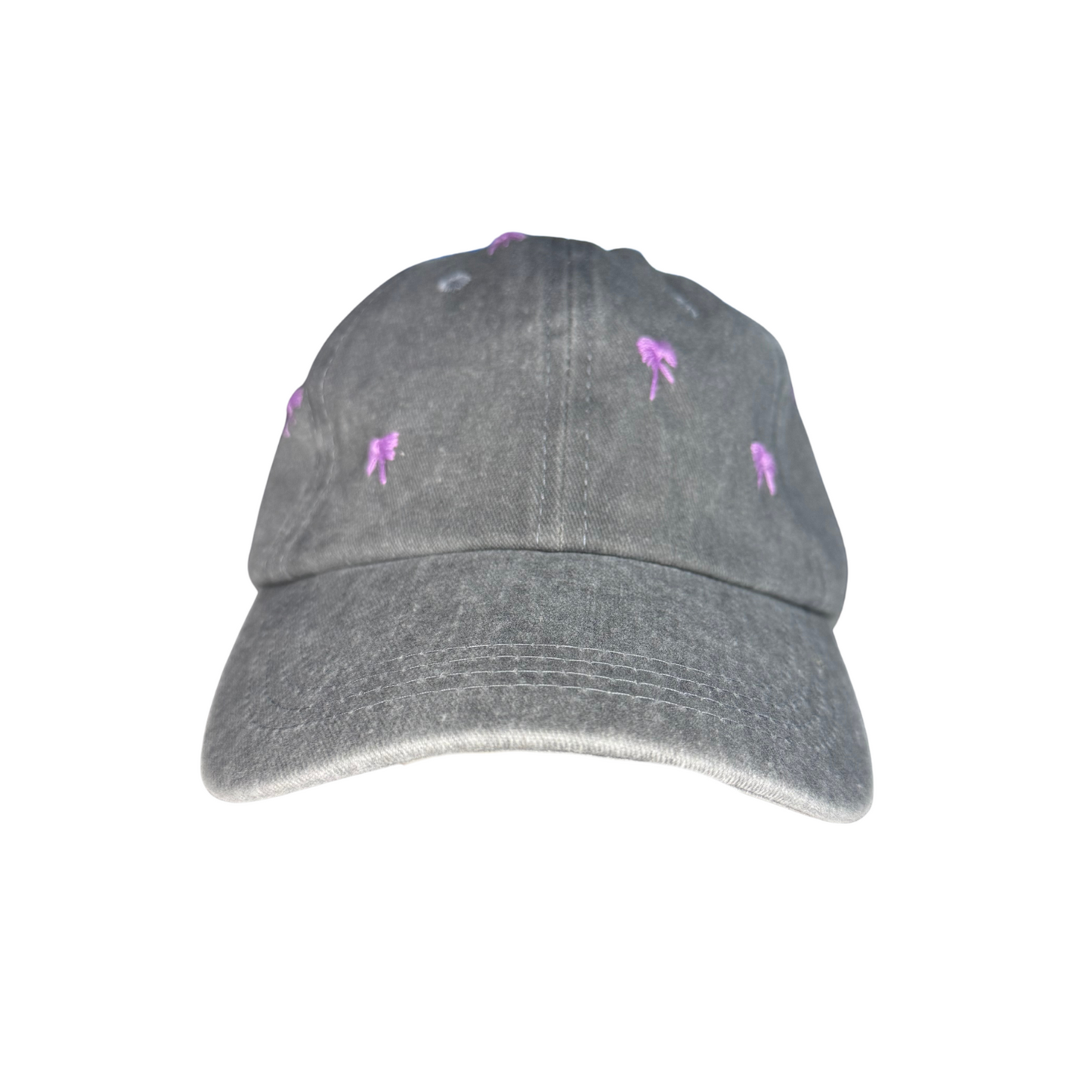 Gray cap with pink floral patterns on a white background