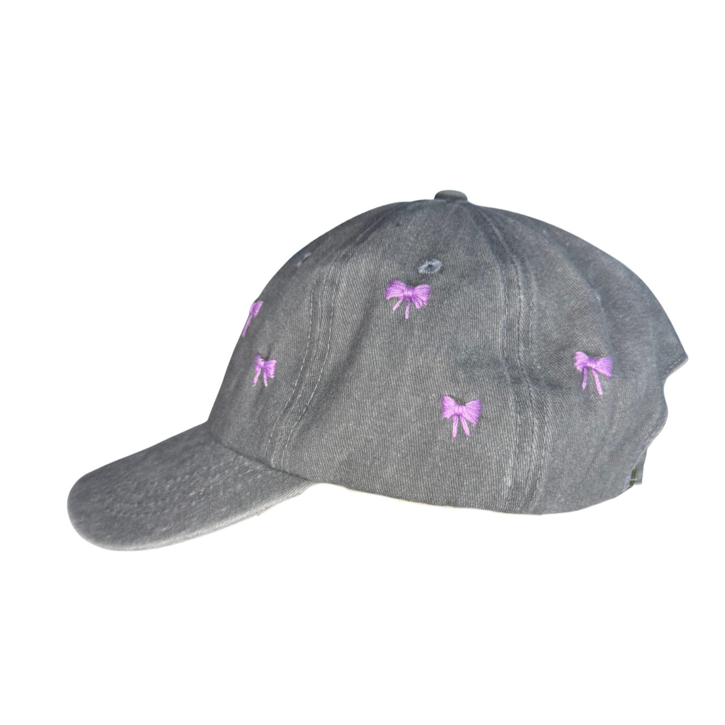 Gray cap with purple bow designs on a white background